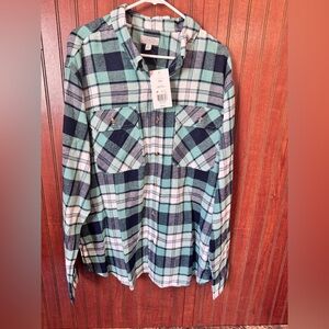 Casual Plaid Button-Down Shirt - Teal, green, Navy, and White